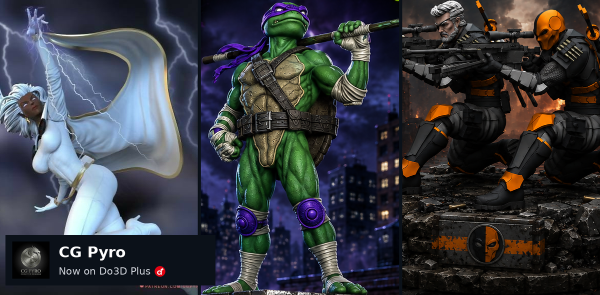 CG Pyro 3D Printing Models collection featuring Storm, Donatello and Deathstroke, now available on Do3D
