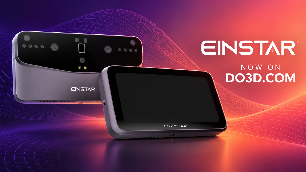 EINSTAR VEGA scanner front and rear views on a red and purple background, now on Do3D.com