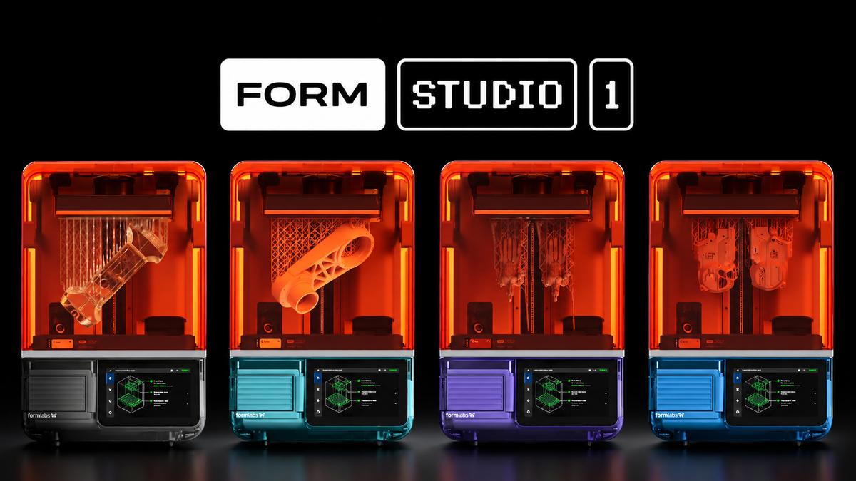 Form Studio 1 cover artwork showing four resin printers in graphite, teal, violet and blue.