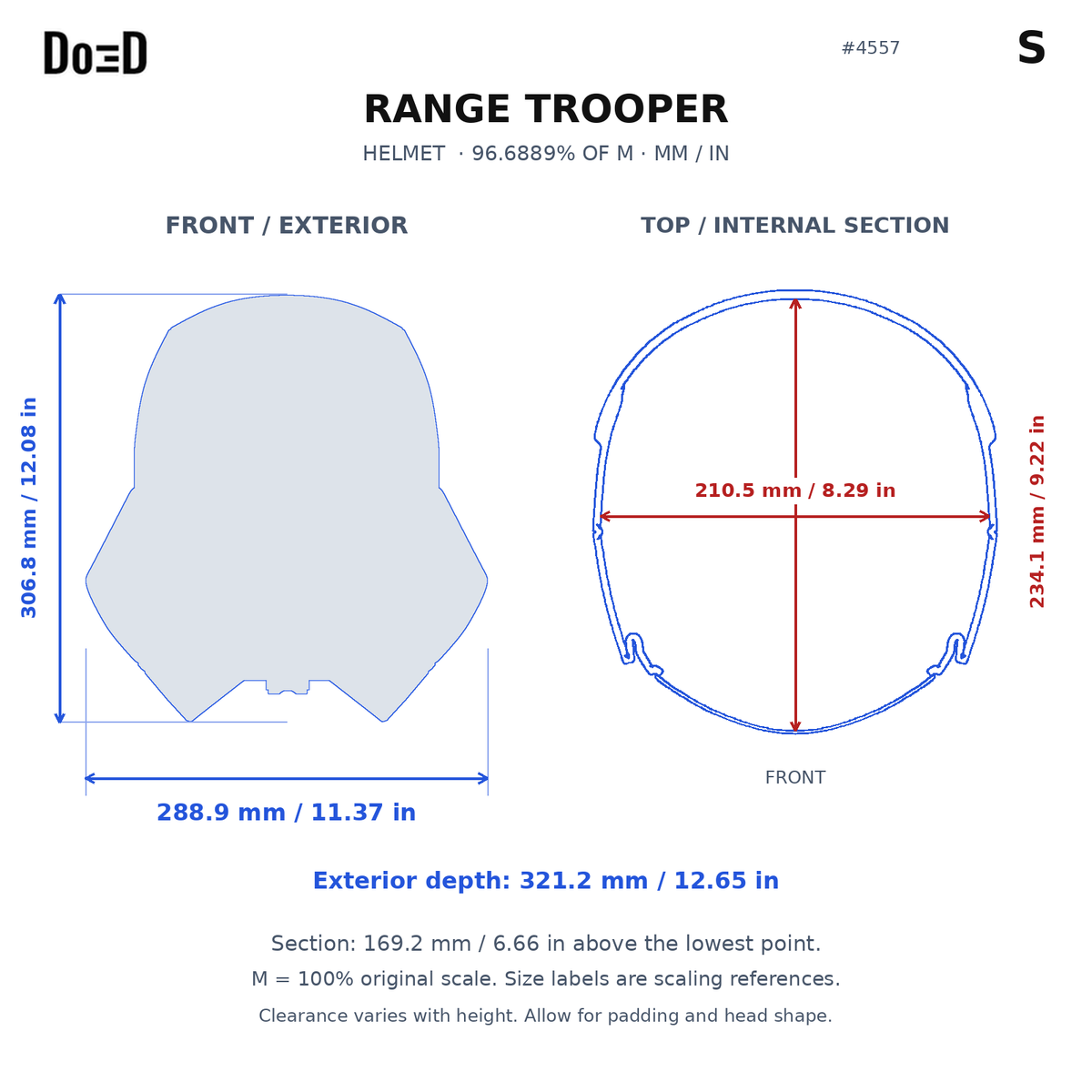 Do3D #4557 S scale reference: exterior and internal section dimensions in millimetres and inches