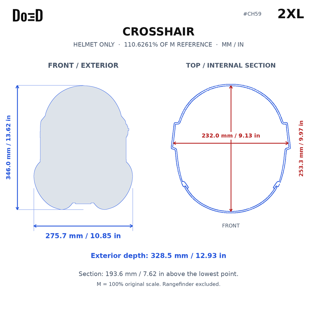 CH59 helmet 2XL relative scaling reference; measurements in mm and inches; M is original model scale