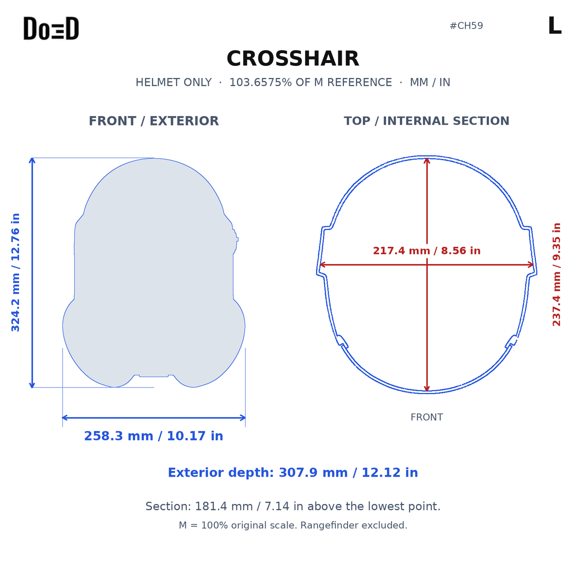 CH59 helmet L relative scaling reference; measurements in mm and inches; M is original model scale