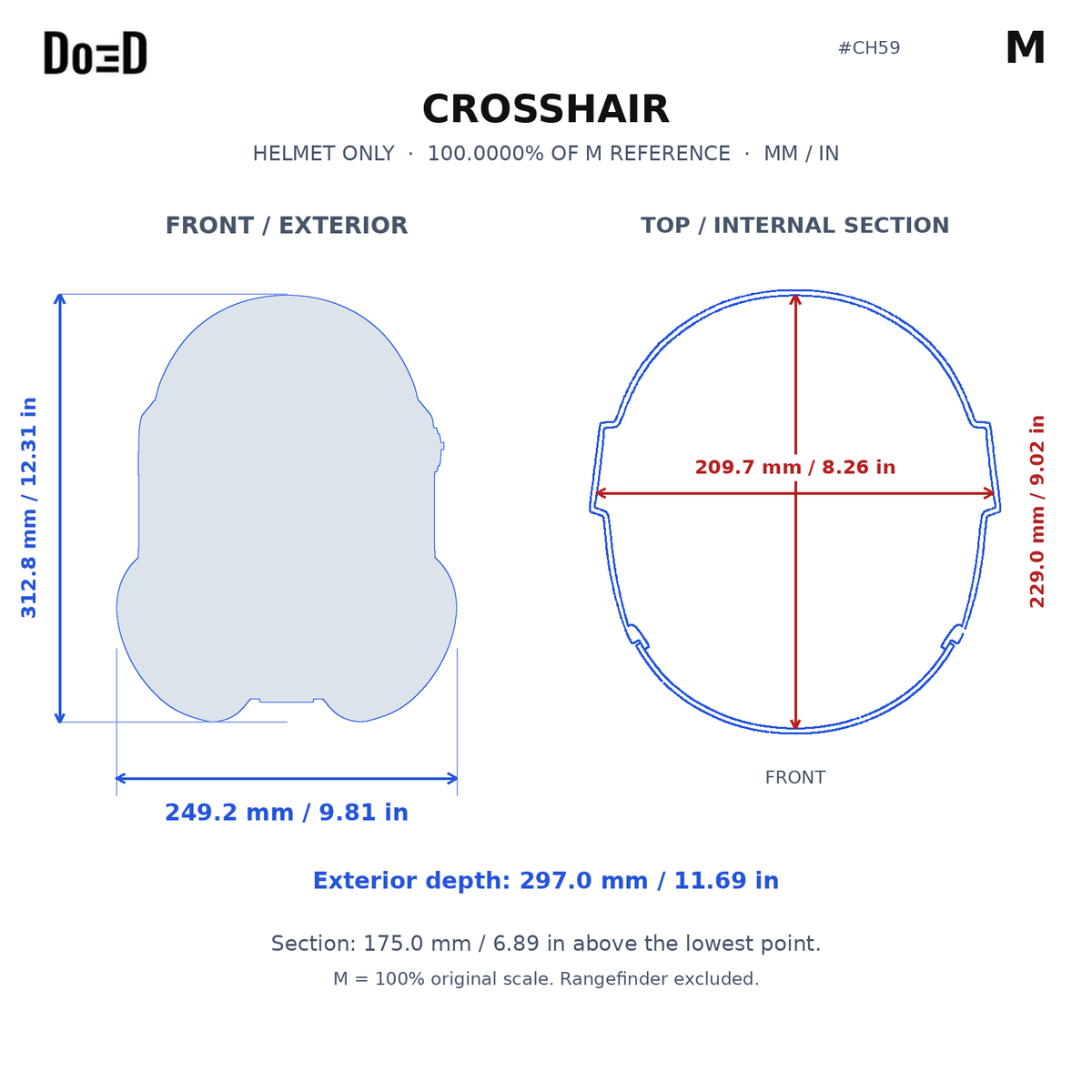 CH59 helmet M relative scaling reference; measurements in mm and inches; M is original model scale