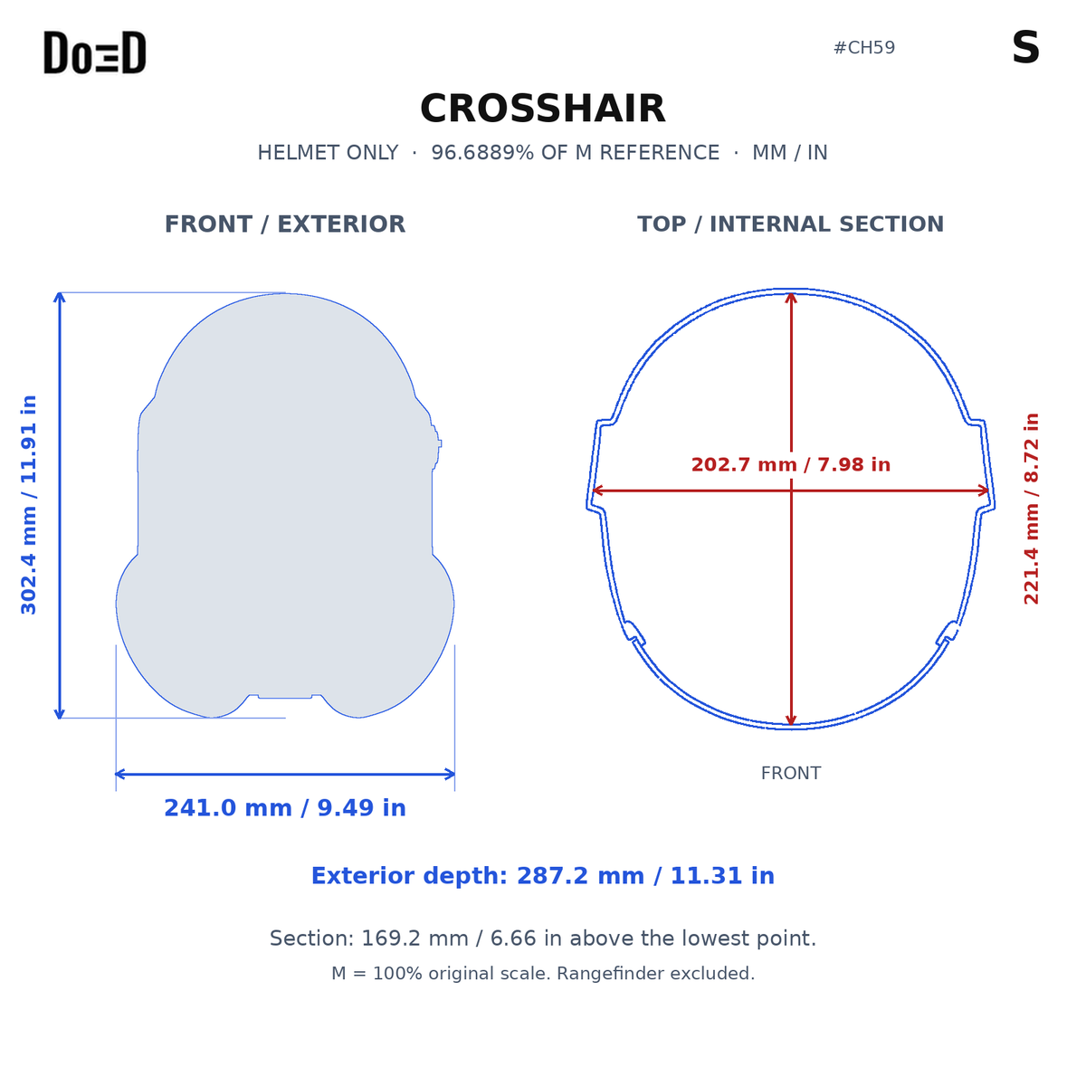 CH59 helmet S relative scaling reference; measurements in mm and inches; M is original model scale