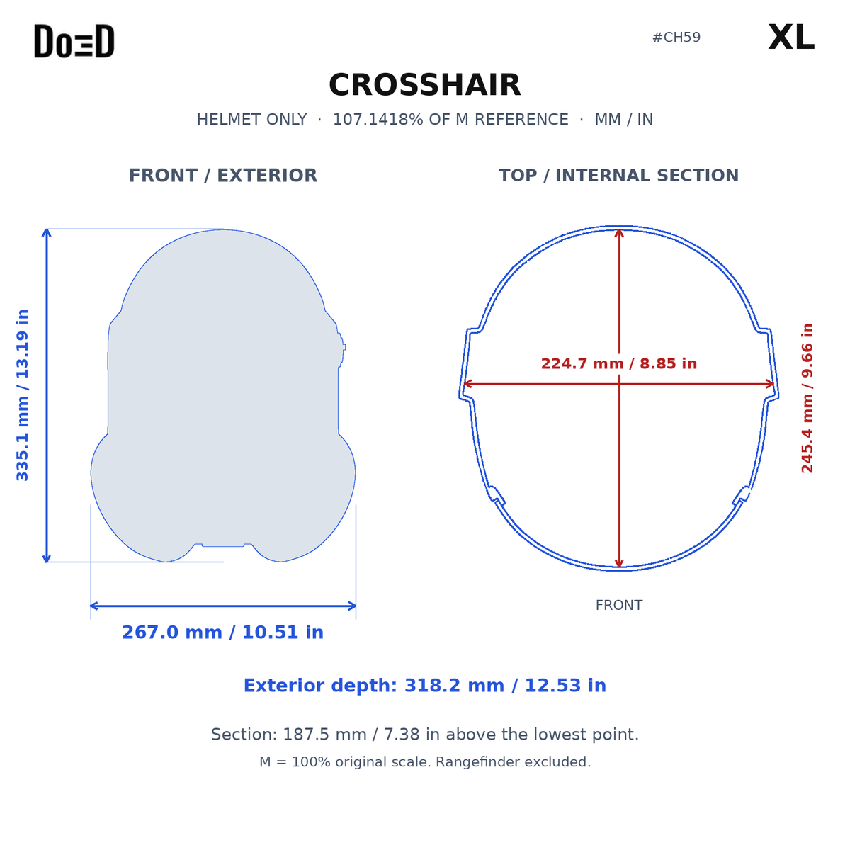 CH59 helmet XL relative scaling reference; measurements in mm and inches; M is original model scale