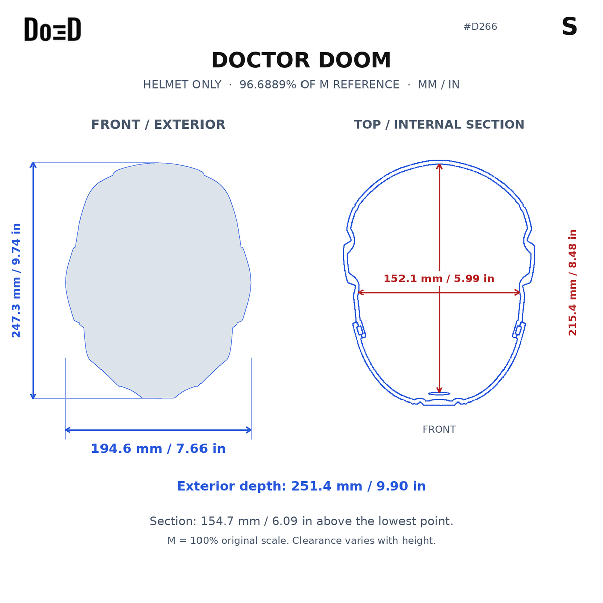Do3D #D266 helmet measurement sheet, size S, front exterior and internal top section, millimeters and inches. Scaling reference, not guaranteed head fit.