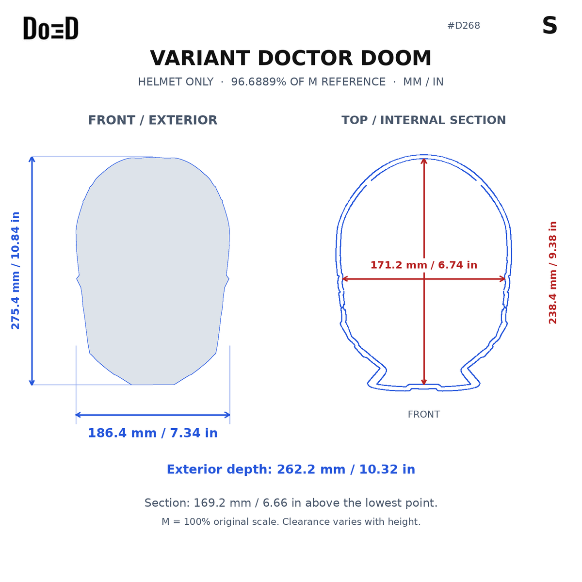 D268 helmet S relative scaling reference; measurements in mm and inches; M is original model scale