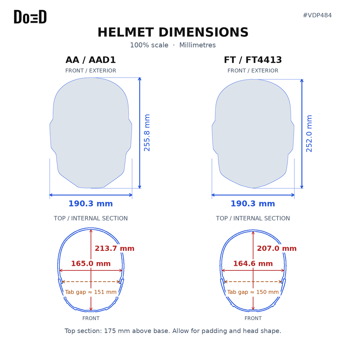 Do3D VDP484 AA and FT Doctor Doom helmet dimensions at 100% scale in millimetres. Front exterior silhouettes above internal horizontal sections 175 mm above the base.