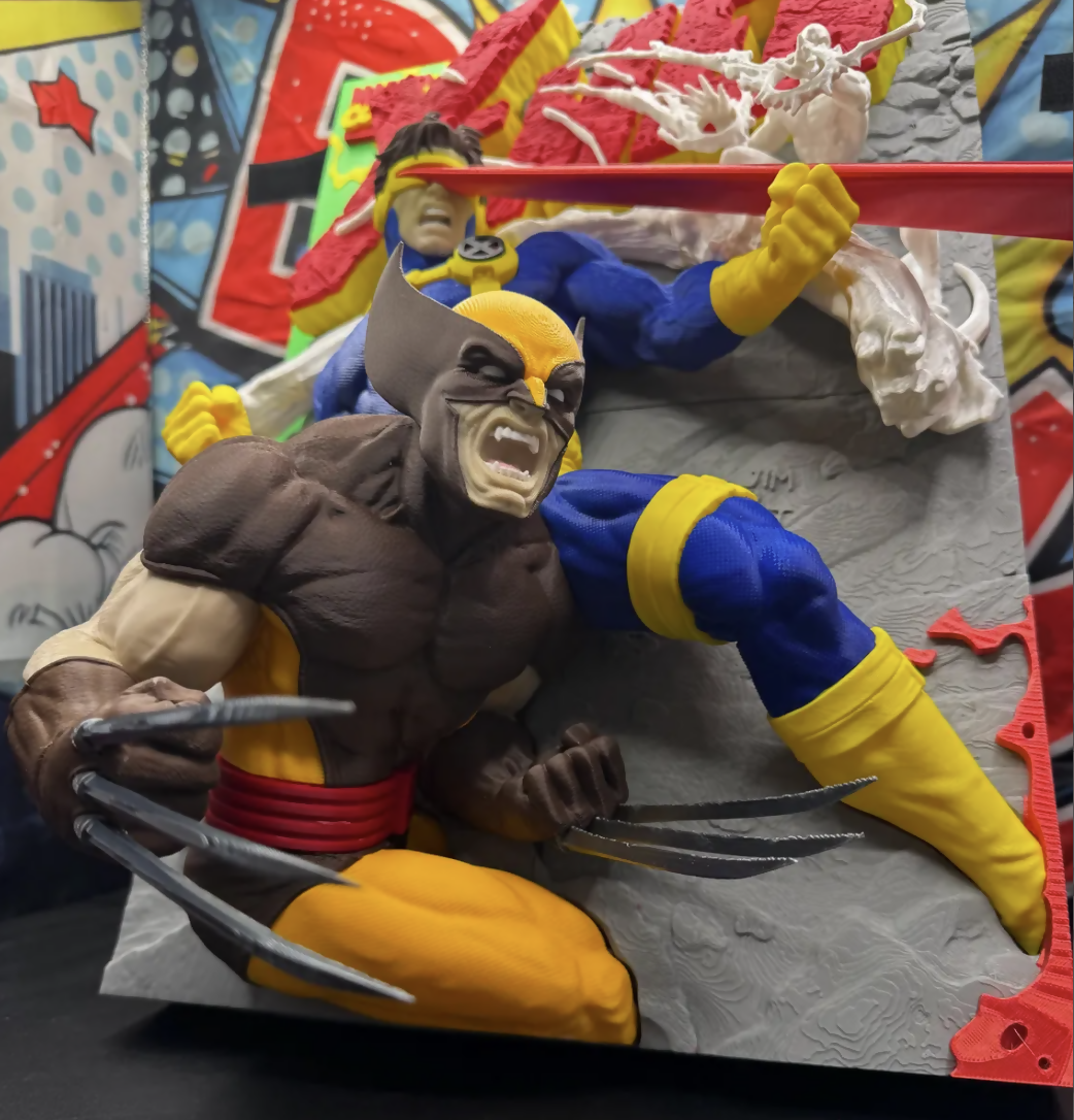 3D Printed Superhero Comic Poster – Clawed Mutant & Laser vision hero Wall Art