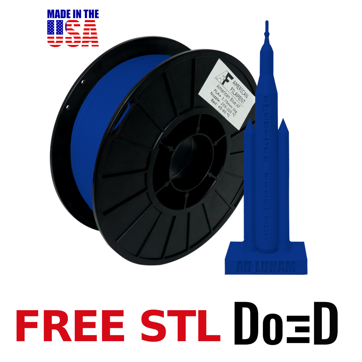 American Blue AF PLA+ 3D Printer Filament, 1.75 mm Diameter Made in the USA! — FREE STL with Do3D