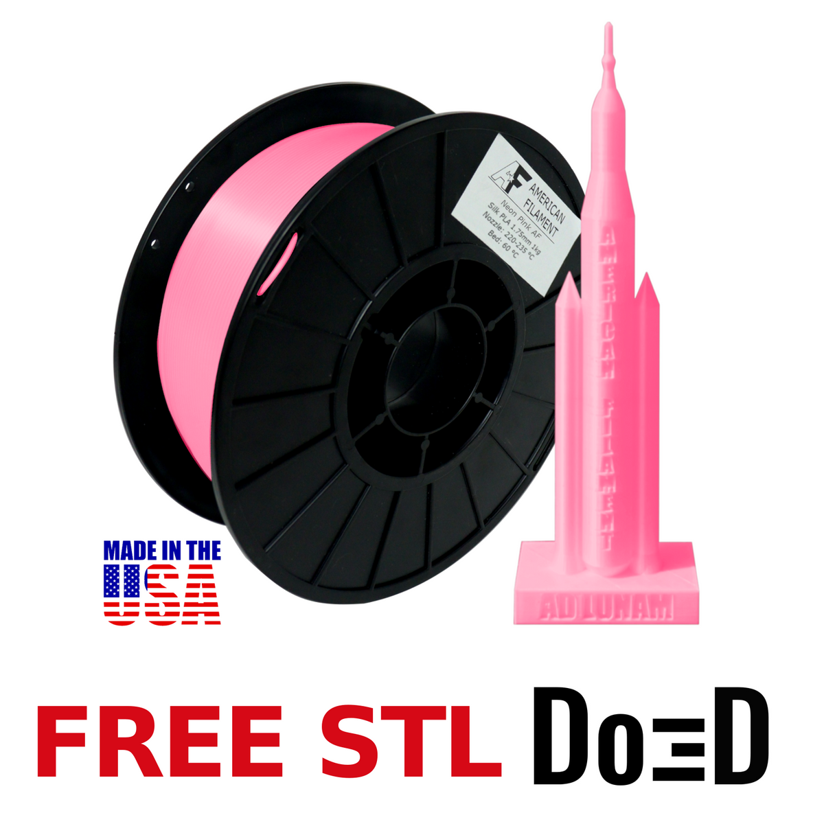 Neon Pink AF Silk PLA 3D Printer Filament, 1.75 mm Diameter, 1 kg Spool — FREE STL with Do3D
