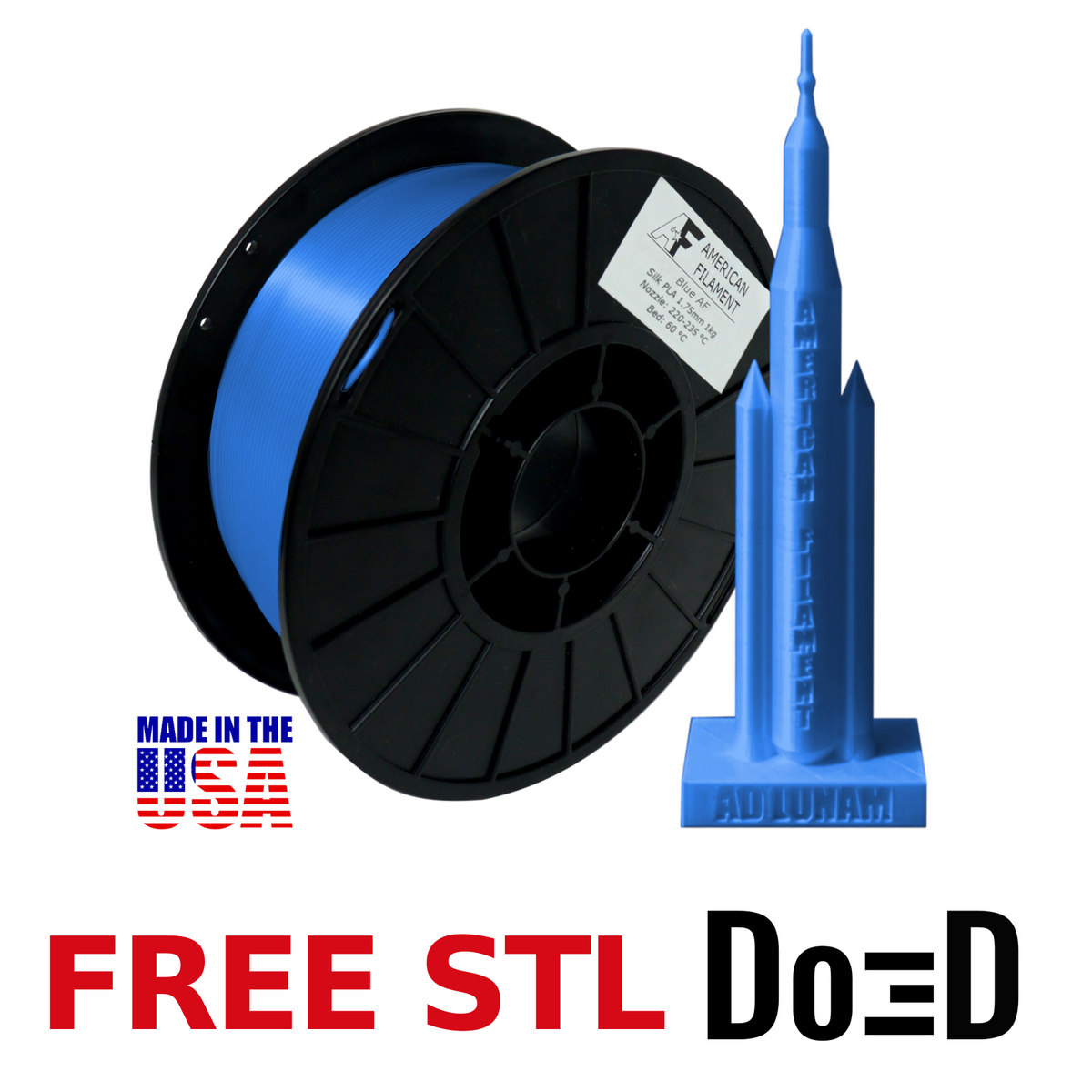 Blue AF Silk PLA 3D Printer Filament, 1.75 mm Diameter, Made in the USA! — FREE STL with Do3D