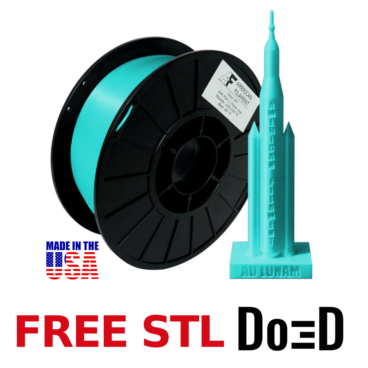 Teal AF Silk PLA 3D Printer Filament, 1.75 mm Diameter, 1 kg Spool — FREE STL with Do3D