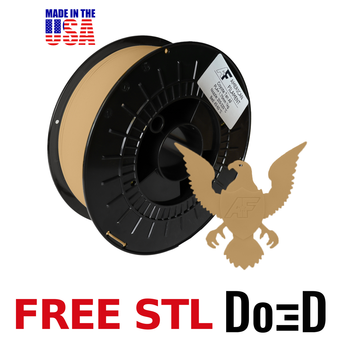 Coyote Tan AF PLA+ 3D Printer Filament, 1.75 mm Diameter Made in the USA! — FREE STL with Do3D