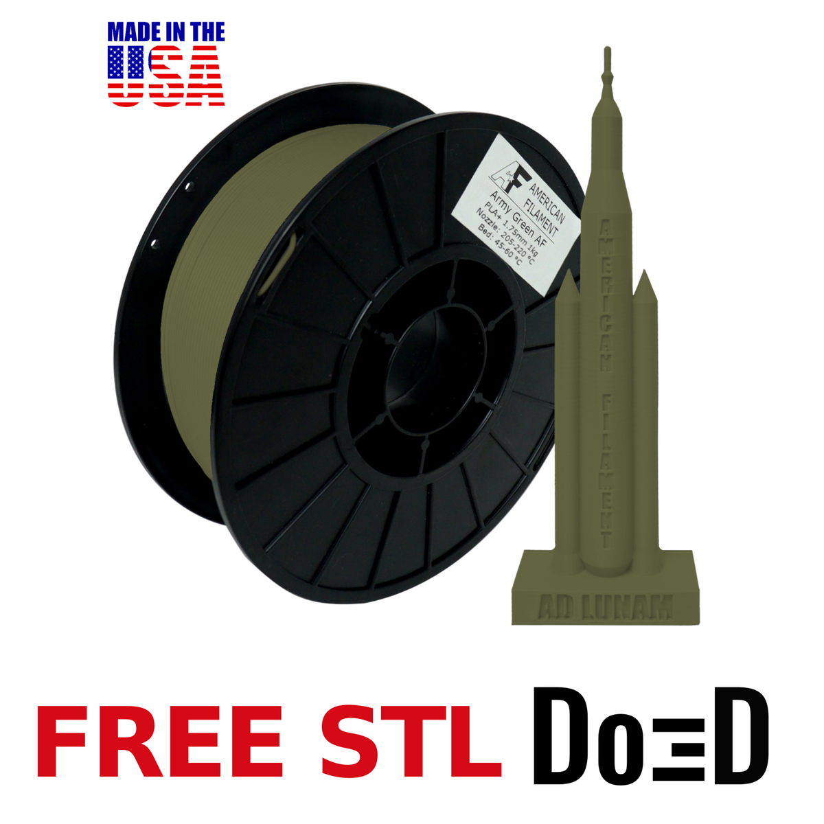 Army Green AF PLA+ 3D Printer Filament, 1.75 mm Diameter Made in the USA! — FREE STL with Do3D