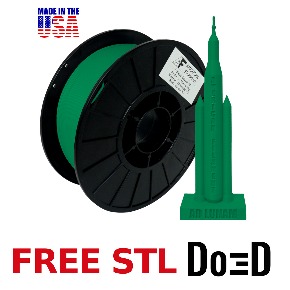 Forest Green AF PLA+ 3D Printer Filament, 1.75 mm Diameter Made in the USA! — FREE STL with Do3D