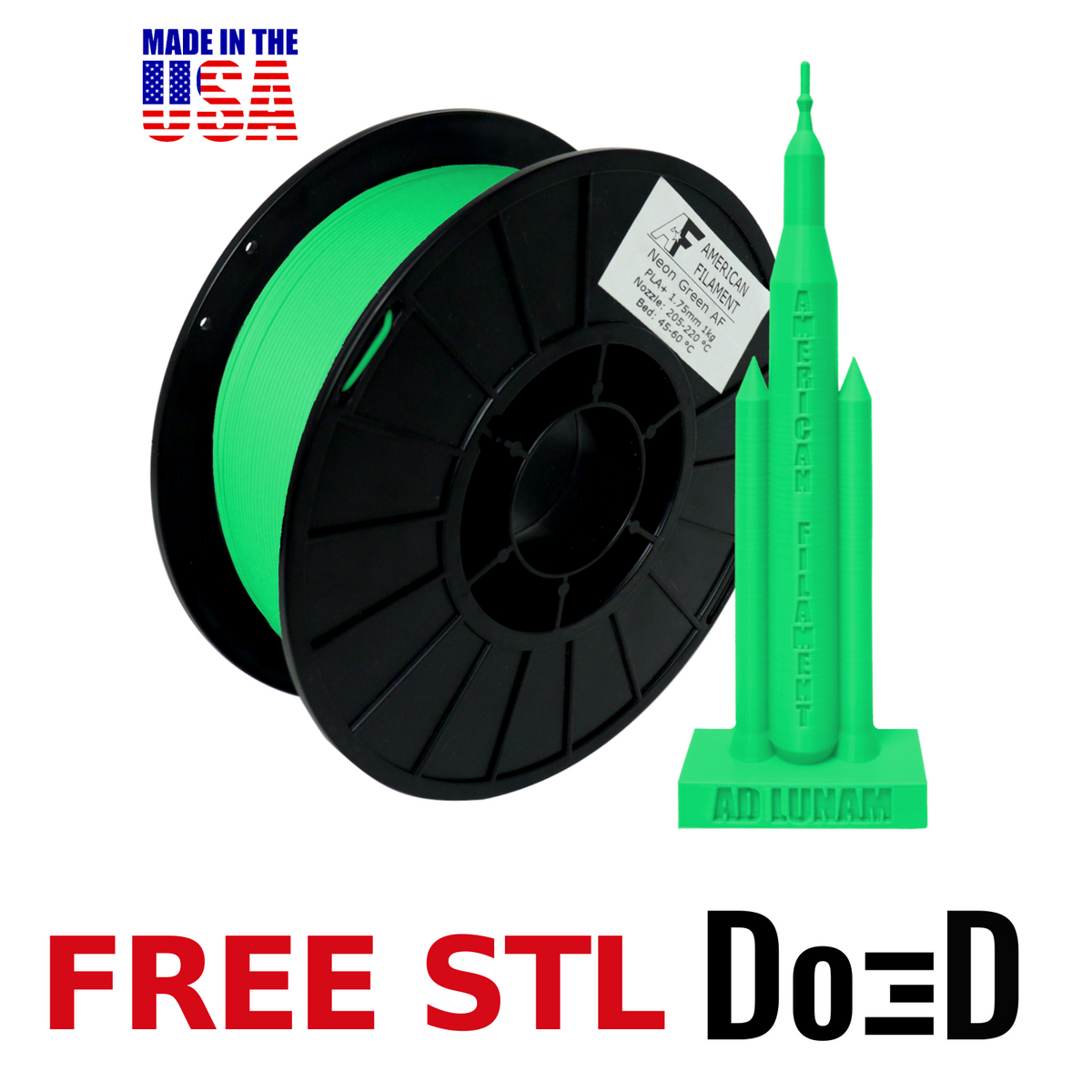 Neon Green AF PLA+ 3D Printer Filament, 1.75 mm Diameter Made in the USA! — FREE STL with Do3D