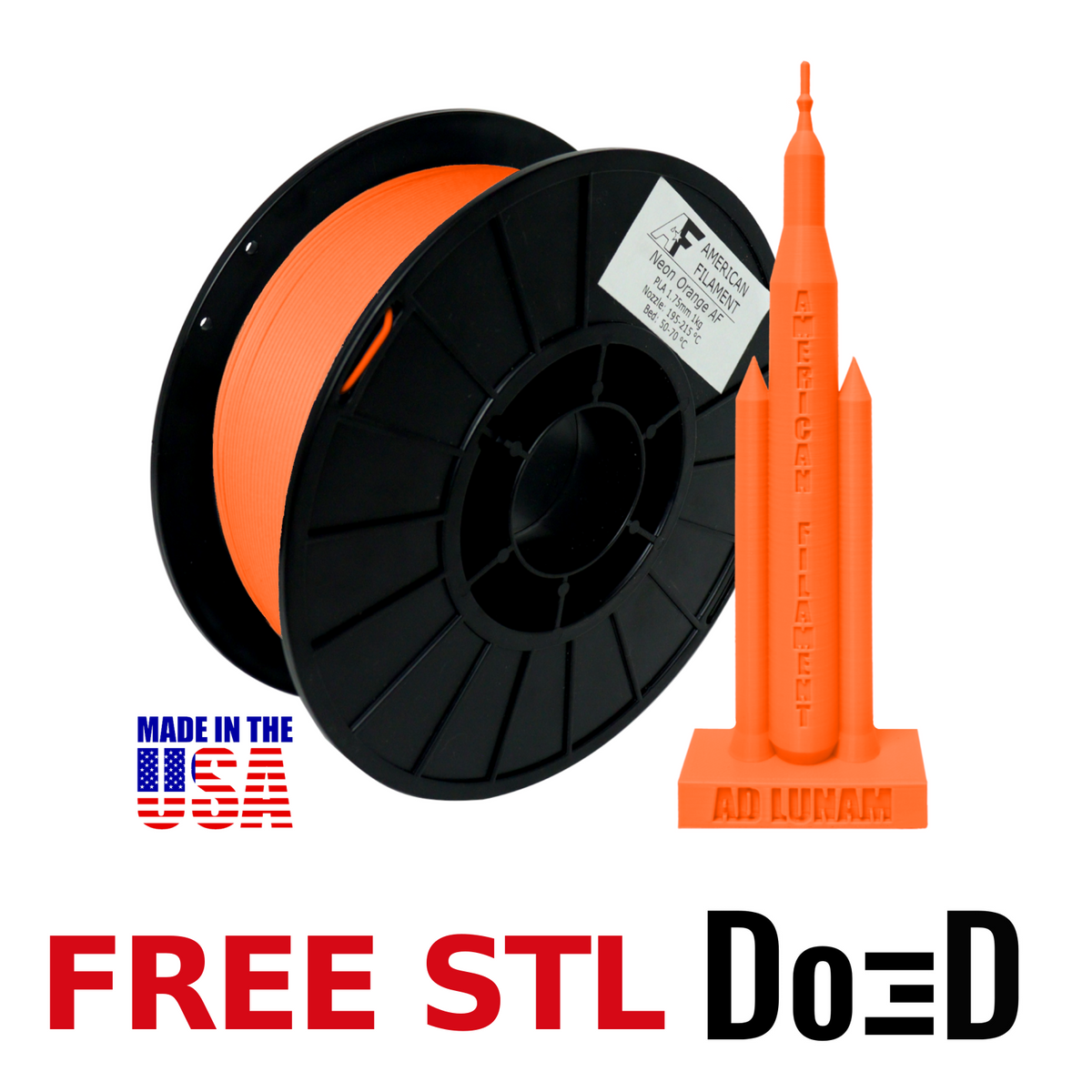 Neon Orange AF PLA+ 3D Printer Filament, 1.75 mm Diameter Made in the USA! — FREE STL with Do3D