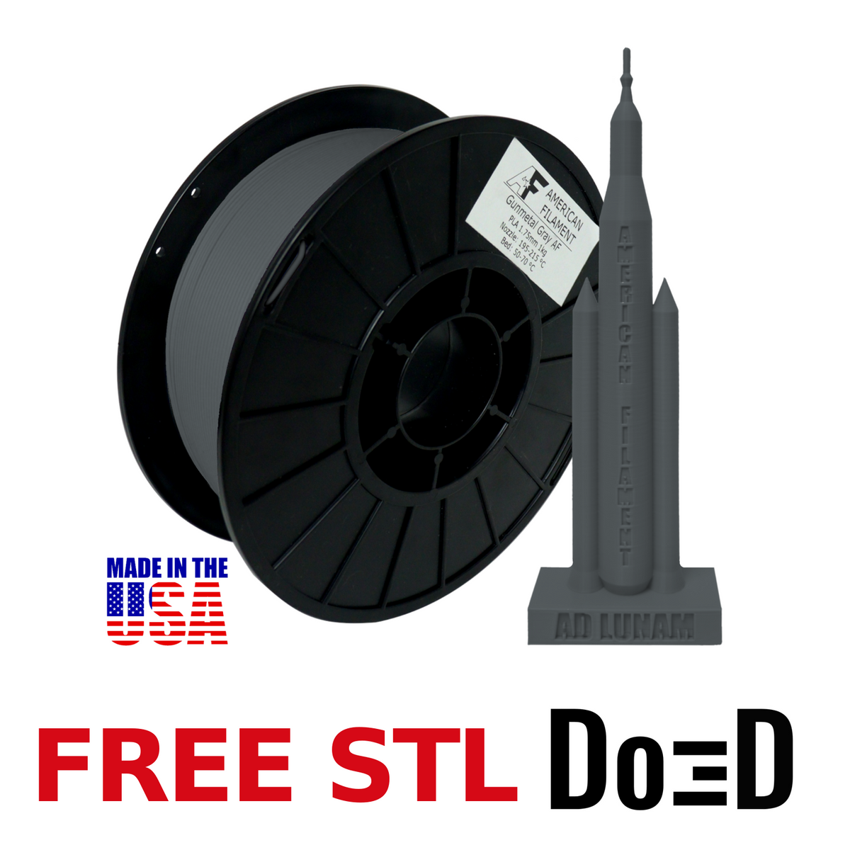 Gunmetal Gray AF PLA+ 3D Printer Filament, 1.75 mm Diameter Made in the USA! — FREE STL with Do3D