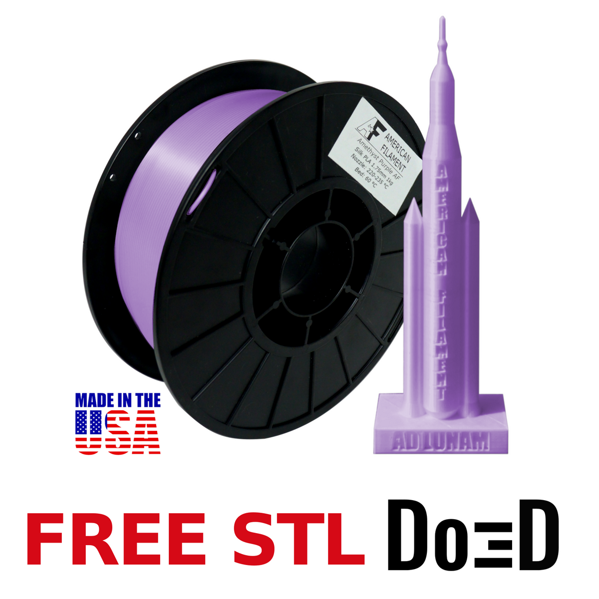 Amethyst Purple AF Silk PLA 3D Printer Filament, 1.75 mm Diameter, Made in the USA! — FREE STL with Do3D