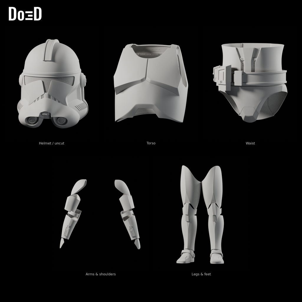 Clone Trooper Phase 2 #1584 original helmet and armor groups, Blender matte-clay front views; groups shown separately at varying panel scales