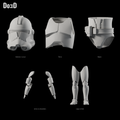 Clone Trooper Phase 2 #1584 original helmet and armor groups, Blender matte-clay front views; groups shown separately at varying panel scales