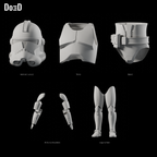 Clone Trooper Phase 2 #1584 original helmet and armor groups, Blender matte-clay front views; groups shown separately at varying panel scales