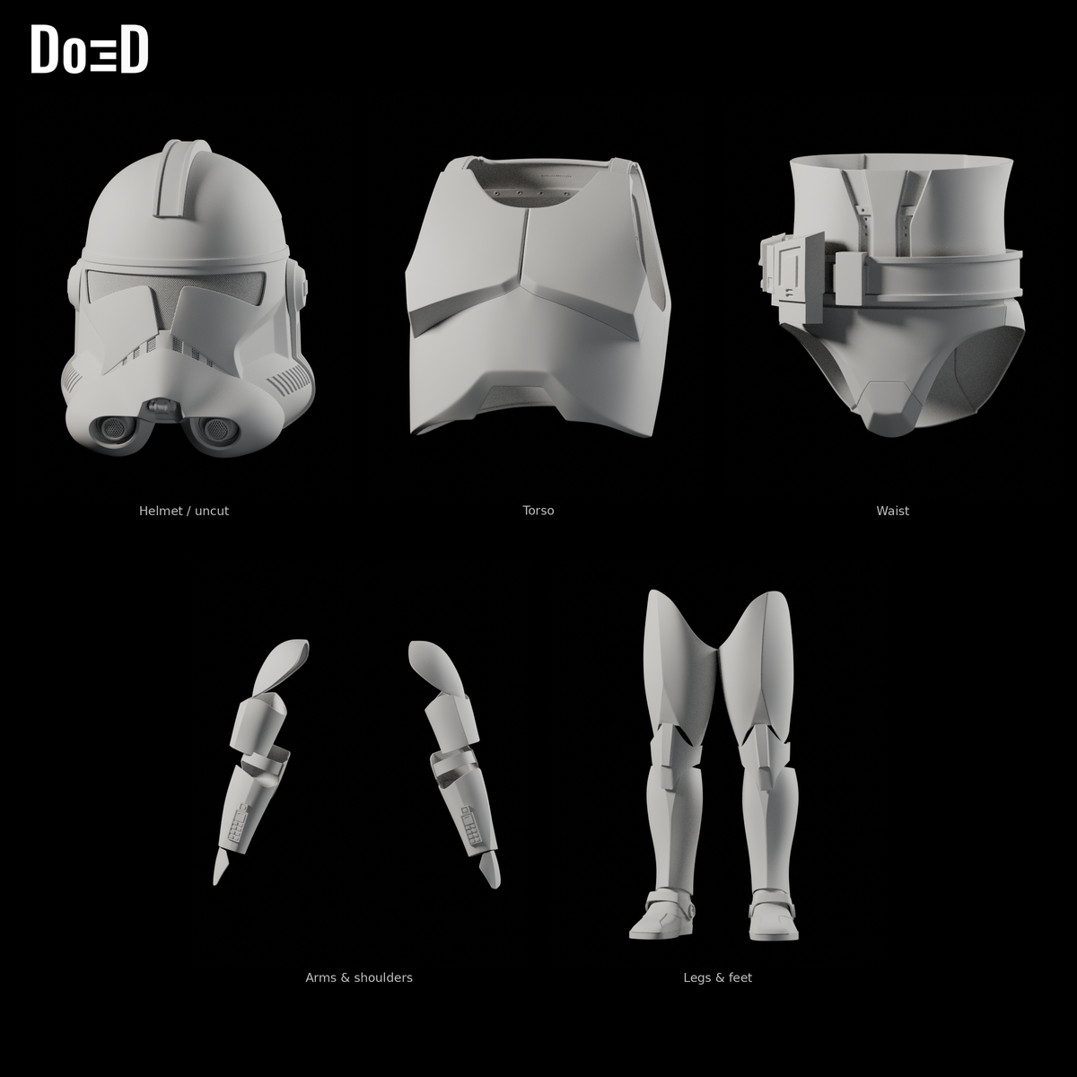 Clone Trooper Phase 2 #1584 original helmet and armor groups, Blender matte-clay front views; groups shown separately at varying panel scales