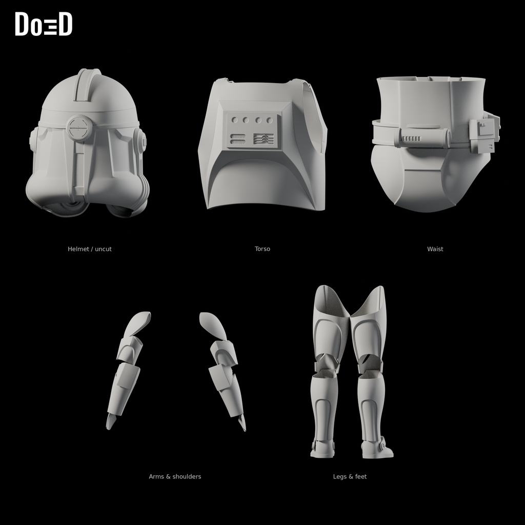 Clone Trooper Phase 2 #1584 original helmet and armor groups, Blender matte-clay rear views; groups shown separately at varying panel scales