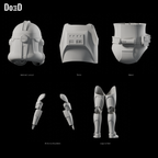 Clone Trooper Phase 2 #1584 original helmet and armor groups, Blender matte-clay rear views; groups shown separately at varying panel scales