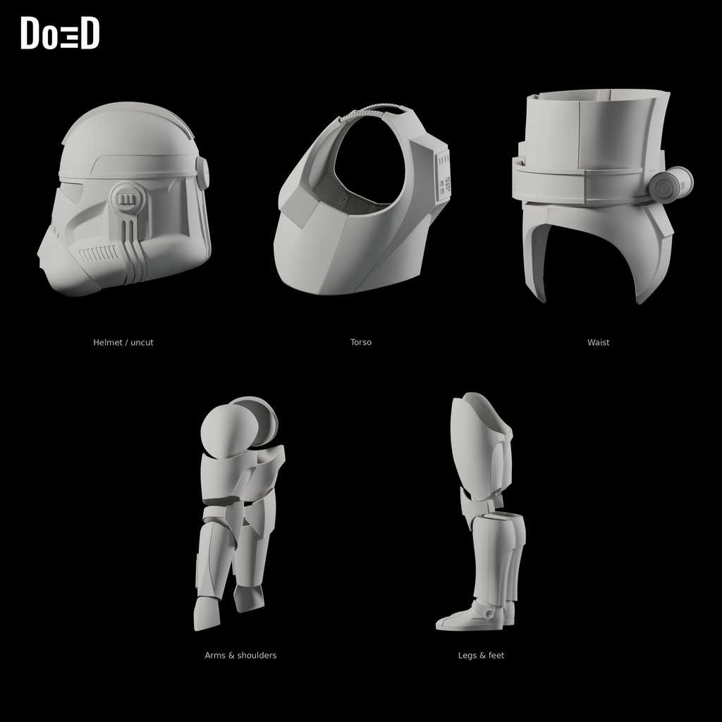 Clone Trooper Phase 2 #1584 original helmet and armor groups, Blender matte-clay side views; groups shown separately at varying panel scales