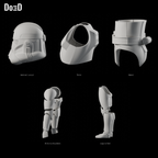 Clone Trooper Phase 2 #1584 original helmet and armor groups, Blender matte-clay side views; groups shown separately at varying panel scales