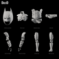 Batman The Dark Knight 2008 #27 original printable armor, Blender matte-clay front views; groups shown separately at varying panel scales; cape and fabric suit not shown