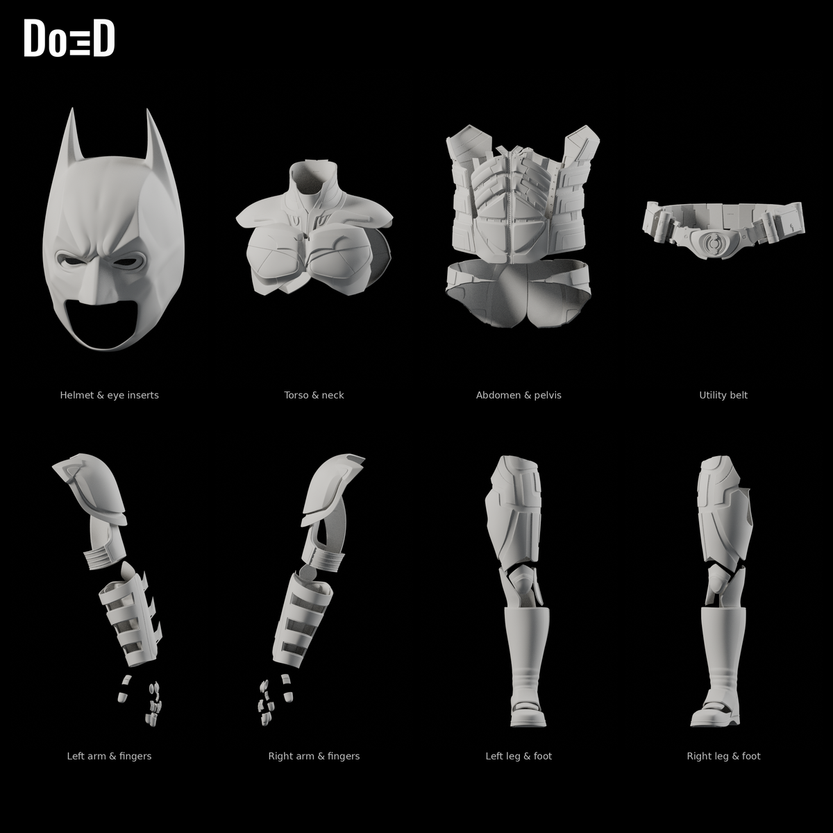 Batman The Dark Knight 2008 #27 original printable armor, Blender matte-clay front views; groups shown separately at varying panel scales; cape and fabric suit not shown