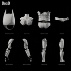 Batman The Dark Knight 2008 #27 original printable armor, Blender matte-clay rear views; groups shown separately at varying panel scales; cape and fabric suit not shown