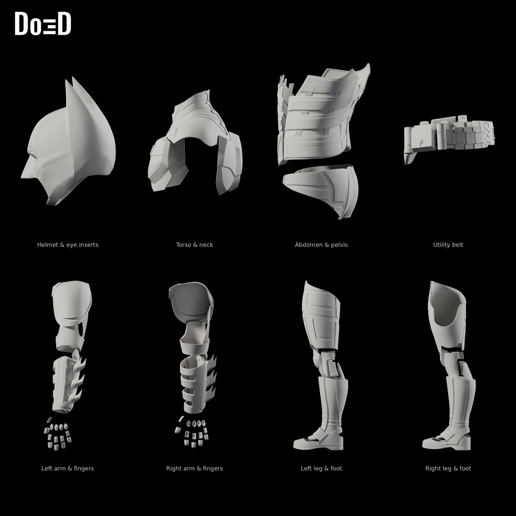 Batman The Dark Knight 2008 #27 original printable armor, Blender matte-clay side views; groups shown separately at varying panel scales; cape and fabric suit not shown