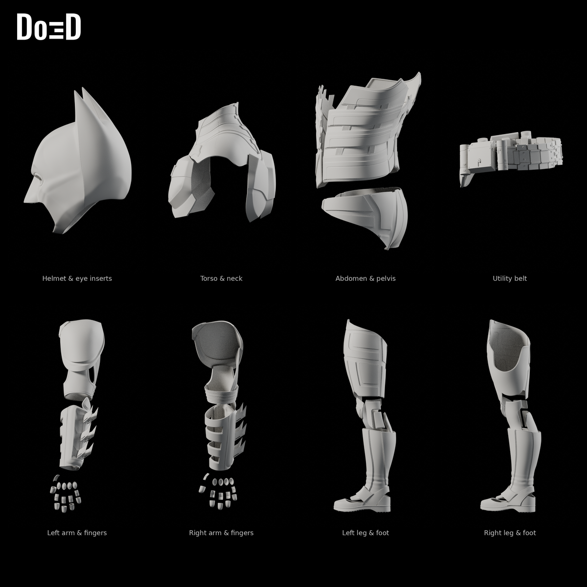 Batman The Dark Knight 2008 #27 original printable armor, Blender matte-clay side views; groups shown separately at varying panel scales; cape and fabric suit not shown