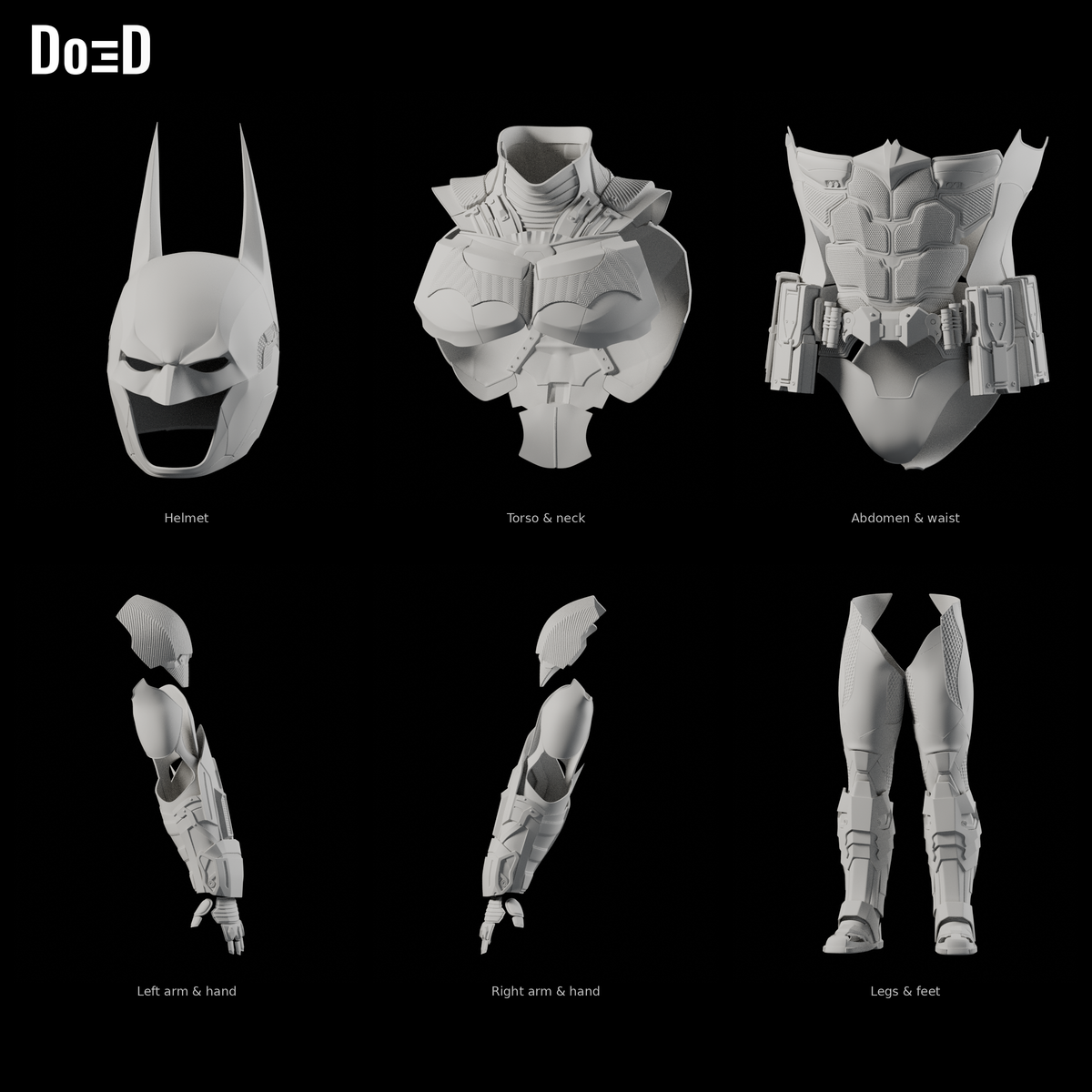 Batman Arkham Knight #321 original helmet and armor groups, Blender matte-clay front views; groups shown separately at varying panel scales