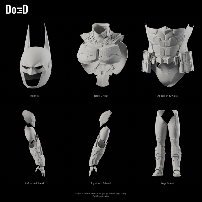 Batman Arkham Knight #321 original helmet and armor groups, Blender matte-clay front views; groups shown separately at varying panel scales