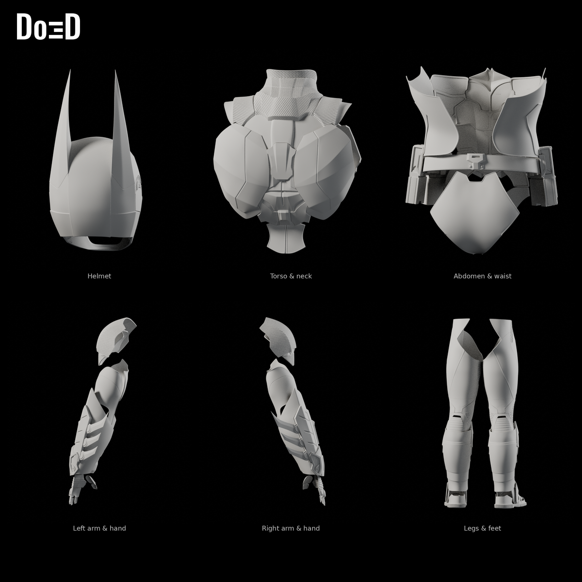Batman Arkham Knight #321 original helmet and armor groups, Blender matte-clay rear views; groups shown separately at varying panel scales