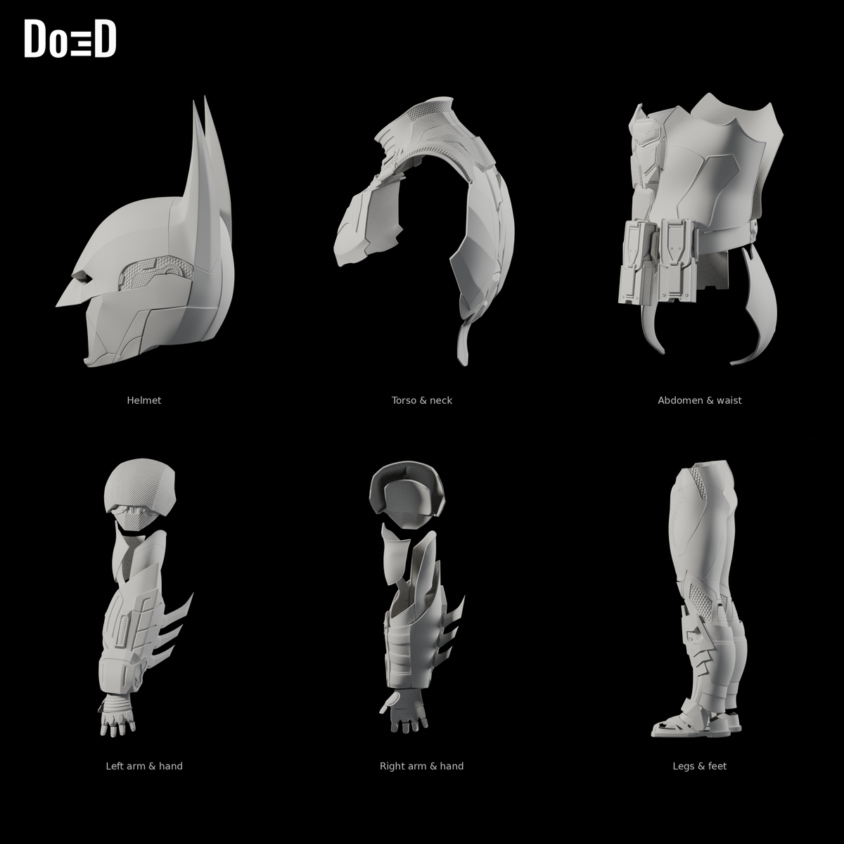 Batman Arkham Knight #321 original helmet and armor groups, Blender matte-clay side views; groups shown separately at varying panel scales