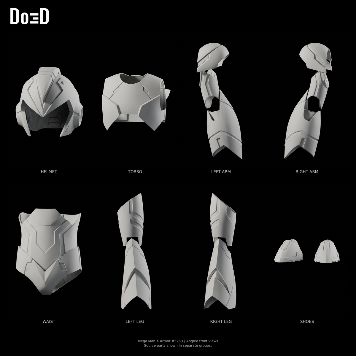 Mega Man X Armor 5253, Blender matte-clay angled front views of the supplied helmet and armor parts in separate source groups