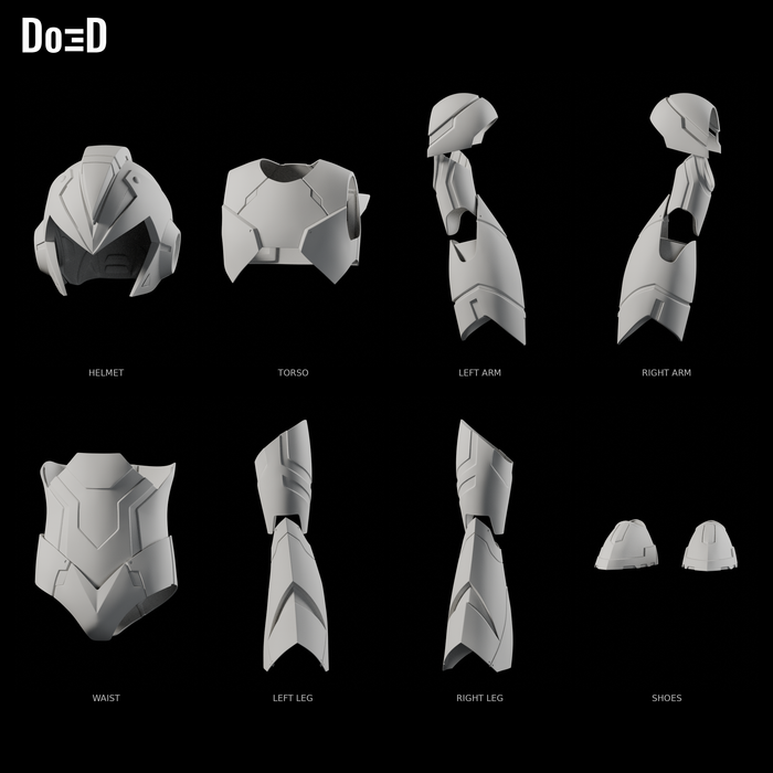 Mega Man X Armor 5253, Blender matte-clay angled front views of the supplied helmet and armor parts in separate source groups