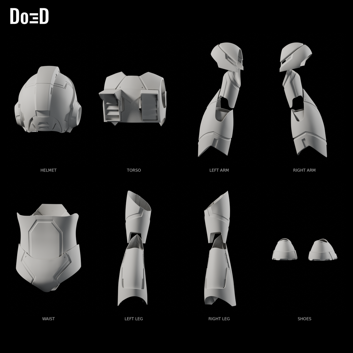 Mega Man X Armor 5253, Blender matte-clay angled rear views of the supplied helmet and armor parts in separate source groups