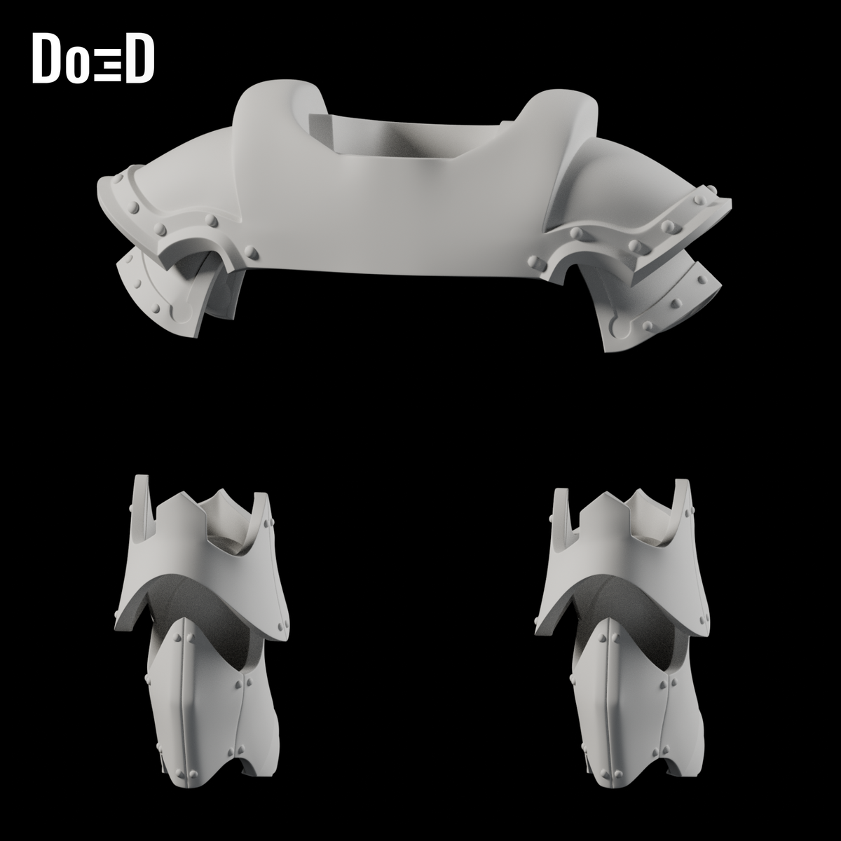 Do3D Adepta Sororitas armor collar, shoulders and boot pair, rear view of the same supplied components