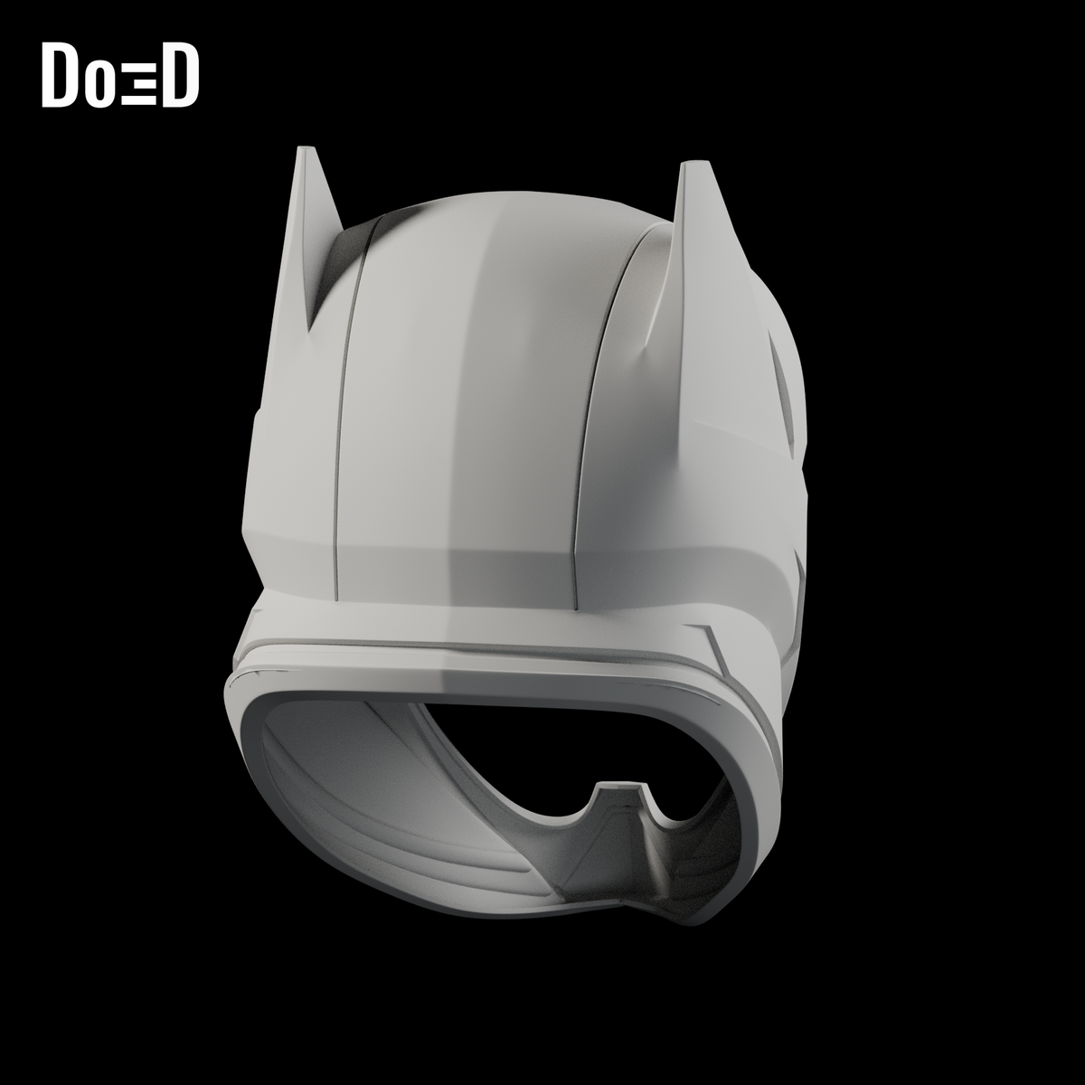 Do3D Batman JL Apokolips helmet, rear view of the same open-mouth shell configuration