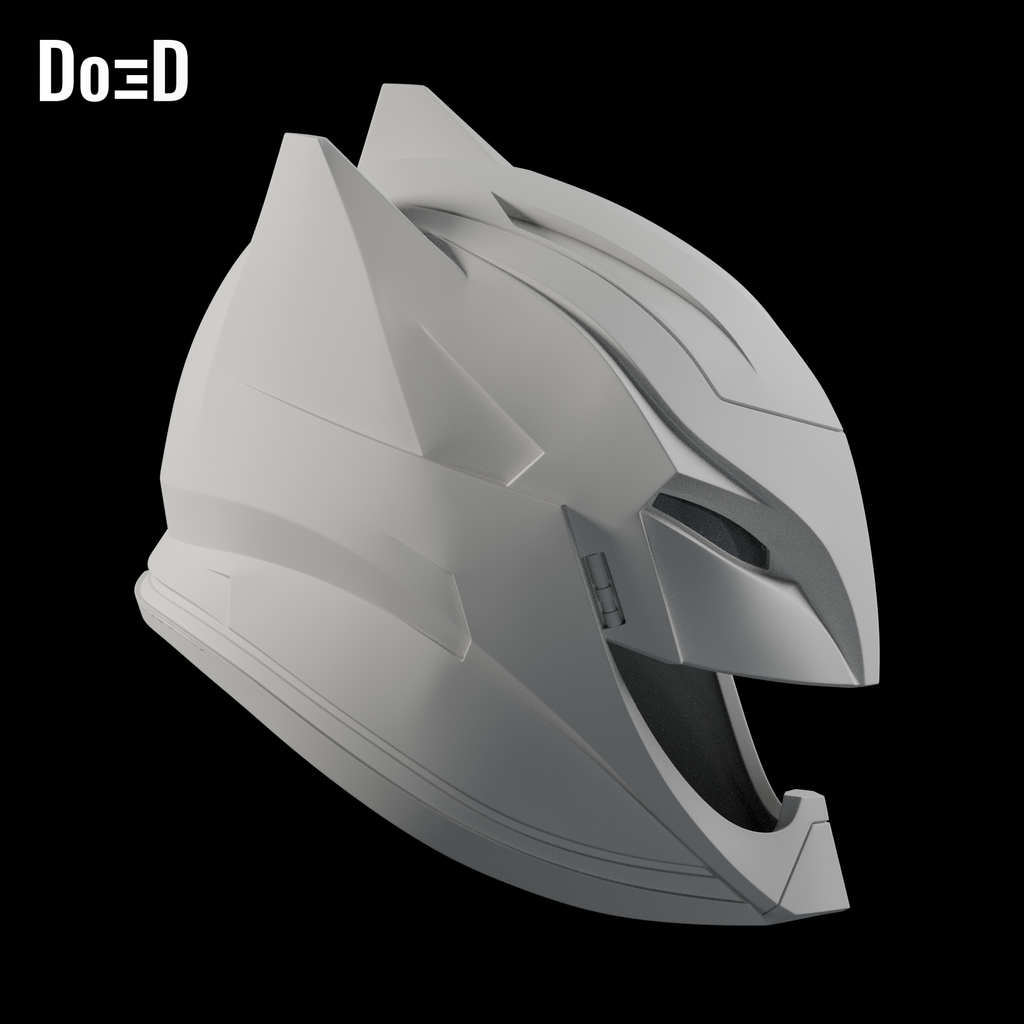 Do3D Batman JL Apokolips helmet, side view of the same open-mouth shell configuration