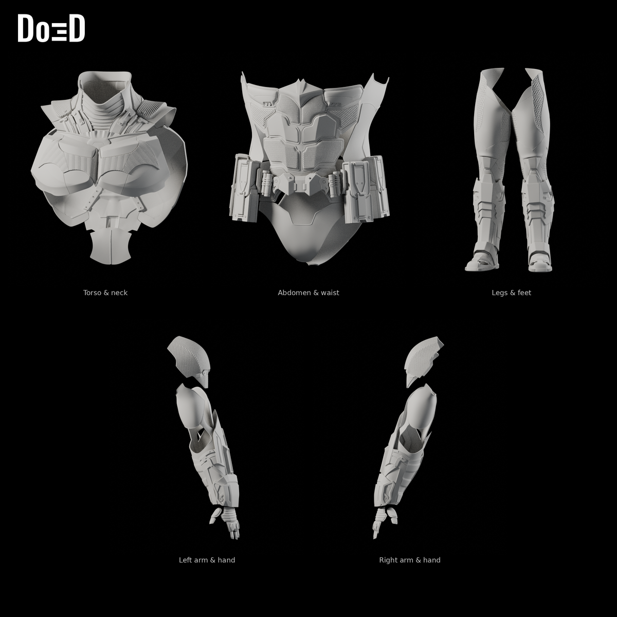 Batman Arkham Knight B1119 body-only armor, Blender matte-clay front views; helmet not included; armor groups shown separately at varying panel scales