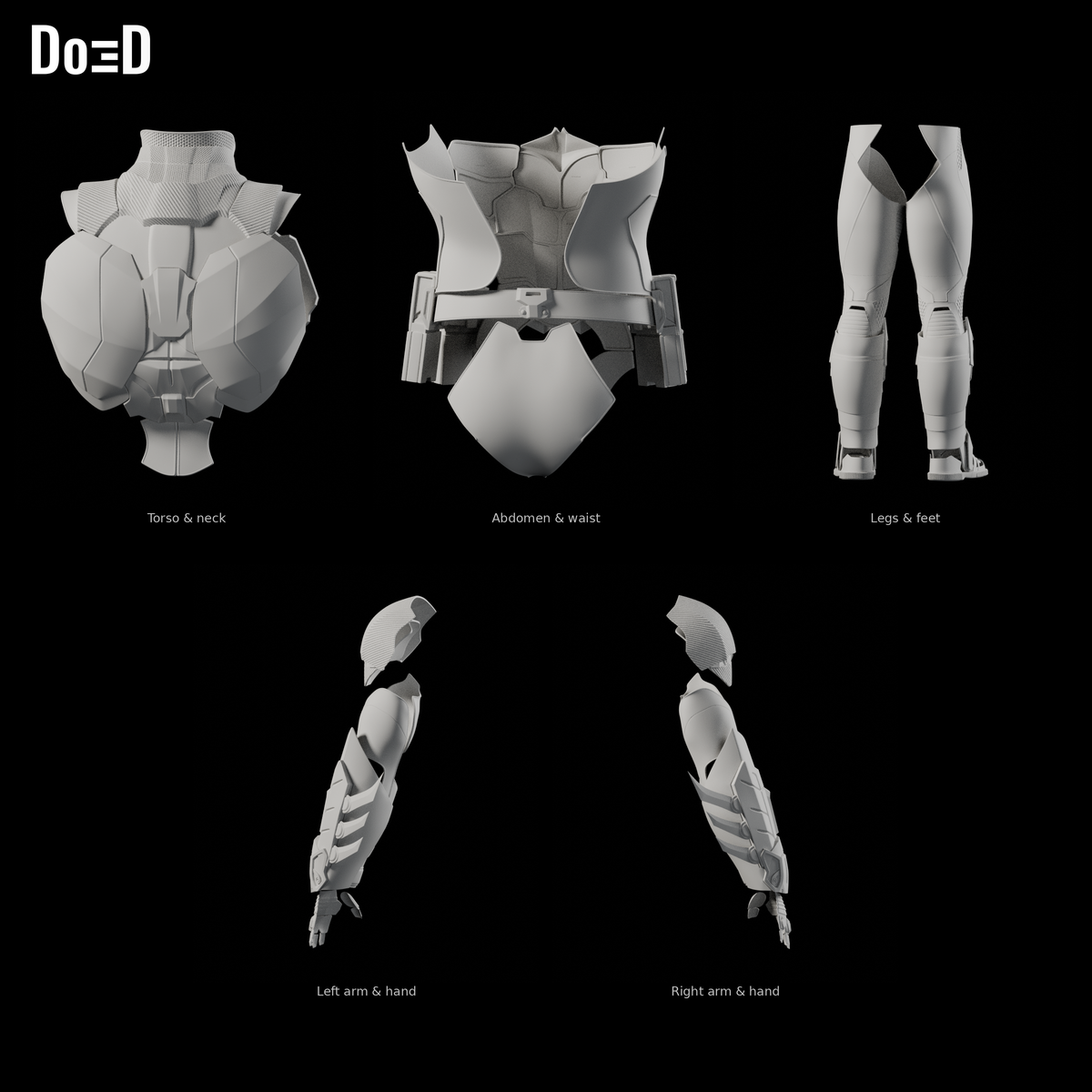 Batman Arkham Knight B1119 body-only armor, Blender matte-clay rear views; helmet not included; armor groups shown separately at varying panel scales