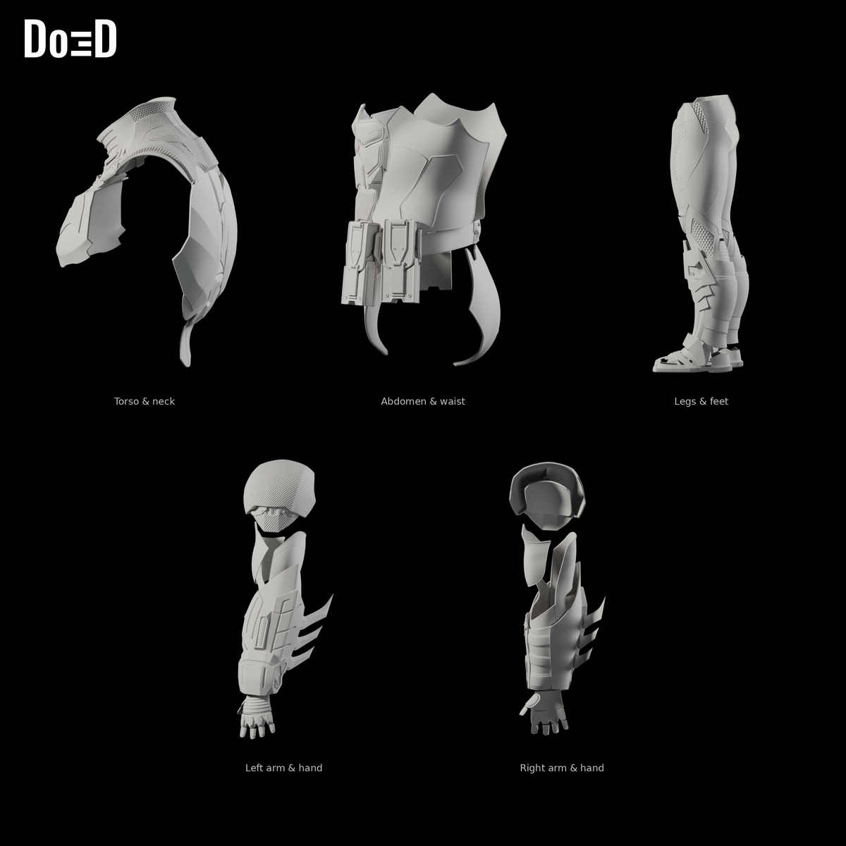 Batman Arkham Knight B1119 body-only armor, Blender matte-clay side views; helmet not included; armor groups shown separately at varying panel scales